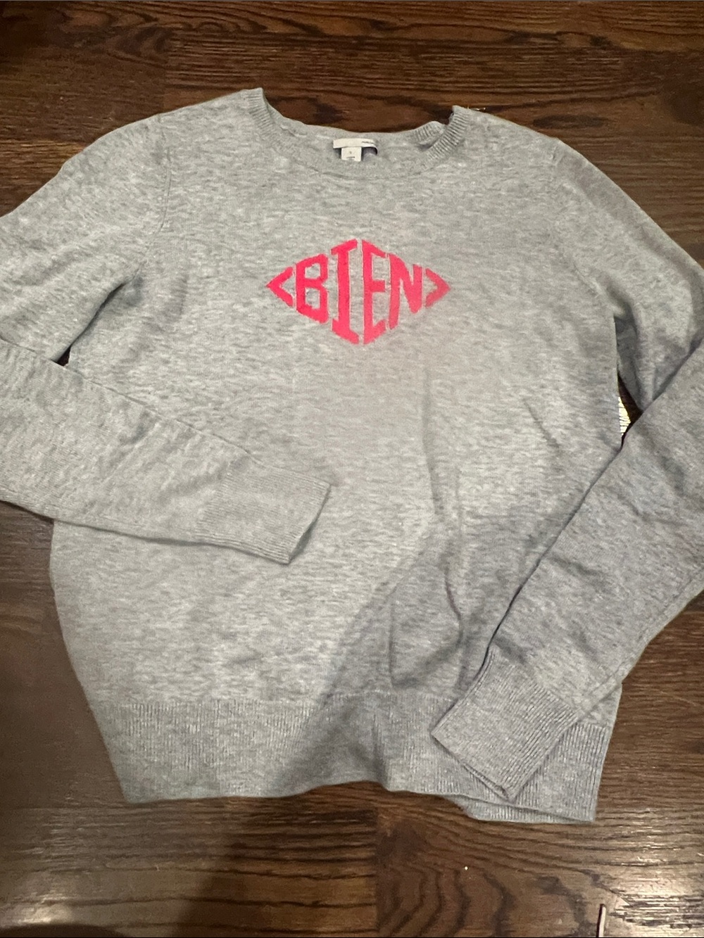 Halogen Gray Crewneck Sweater with Pink Monogram